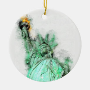 Statue of Liberty Watercolor Close-up Portrait Ceramic Tree Decoration