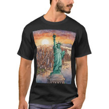 Statue of Liberty: Watercolor Sunset over the city