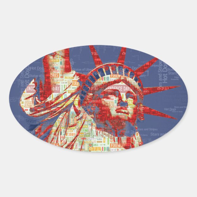 Statue of Liberty with 4th of July Word Cloud Oval Sticker (Front)