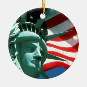STATUE OF LIBERTY WITH AMERICAN FLAG CERAMIC TREE DECORATION