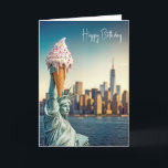 Statue of Liberty With Birthday Ice Cream Cone Card<br><div class="desc">The Statue of Liberty is humorously depicted holding a giant ice cream cone in place of her torch set against the New York City skyline.
All text can be changed.</div>