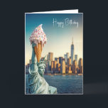 Statue of Liberty With Birthday Ice Cream Cone Card<br><div class="desc">The Statue of Liberty is humorously depicted holding a giant ice cream cone in place of her torch set against the New York City skyline.
All text can be changed.</div>