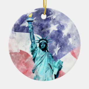 Statue of Liberty with flag watercolor Ceramic Tree Decoration