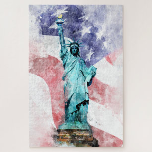 Statue of Liberty with flag watercolor Jigsaw Puzzle
