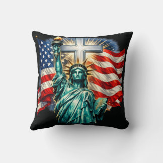 Statue of Liberty with Flags and Cross Cushion