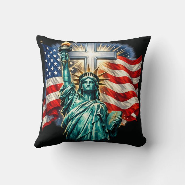 Statue of Liberty with Flags and Cross Cushion (Back)