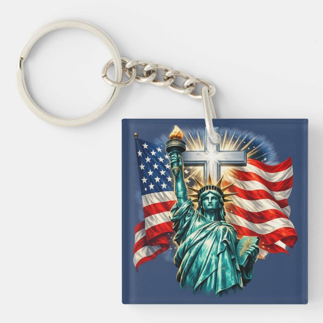 Statue of Liberty with Flags and Cross Key Ring (Front)