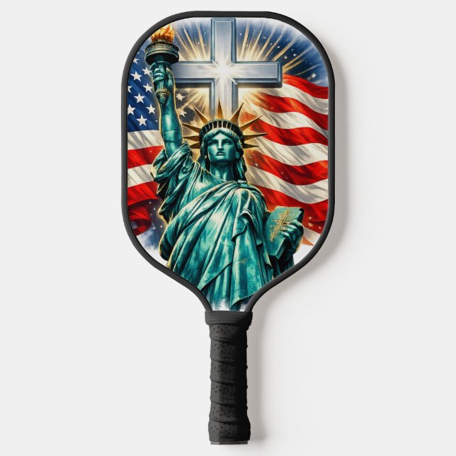 Statue of Liberty with Flags and Cross Pickleball Paddle (Front)