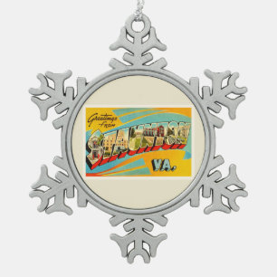 Staunton Virginia VA Old Vintage Travel Postcard- Snowflake Pewter Christmas Ornament