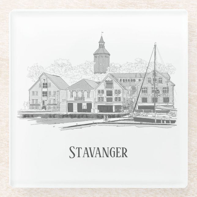 Stavanger Norway Beautiful Streetscape Drawing Glass Coaster (Front)