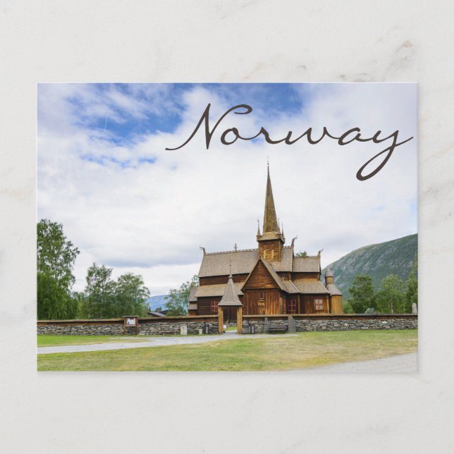 Stave church in Lom, Norway text postcard (Front)