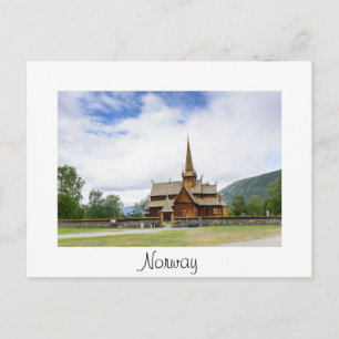 Stave church in Lom, Norway white text postcard