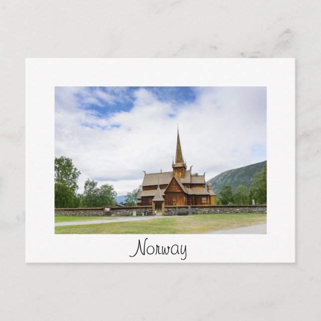 Stave church in Lom, Norway white text postcard (Front)