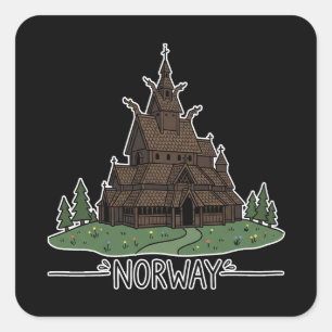 Stave Church in Norway Minimalist Doodle Square Sticker