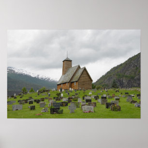 Stave church with graveyard in Norway poster