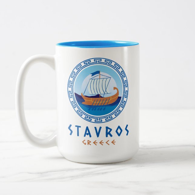 Stavros, Greece Greek Ship Design Two-Tone Coffee Mug (Left)