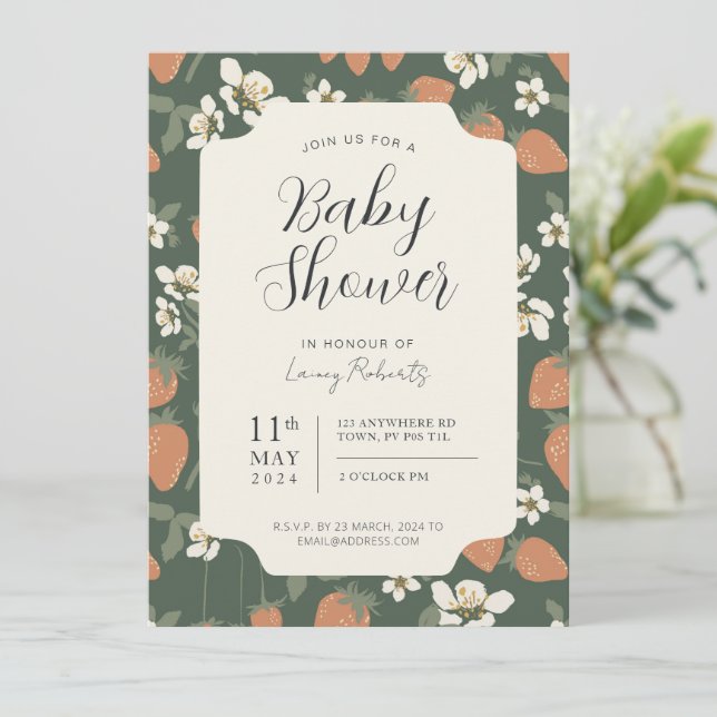 Stawberry Floral Baby Shower Invitation (Standing Front)