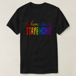 Stay at home Social Distancing Rainbow Text Pride T-Shirt
