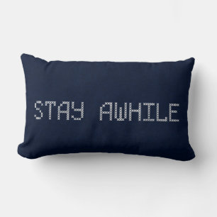 Stay Awhile Cross Stitch on Blue Lumbar Cushion