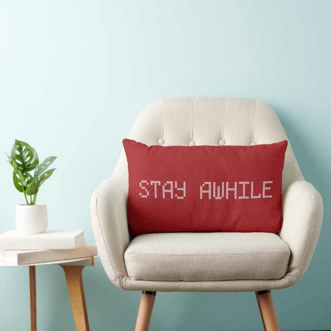 Stay Awhile Cross Stitch on Red Lumbar Cushion (Chair)