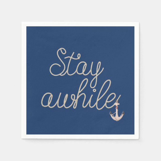 Stay Awhile Nautical Rope on Blue Napkin (Front)