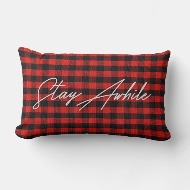 Stay Awhile quote on lumberjack plaid Lumbar Cushion (Front)