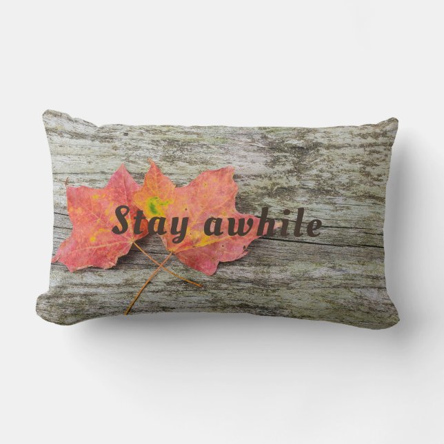 Stay Awhile quote with autumn leaves Lumbar Cushion (Front)