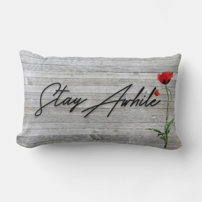 Stay Awhile quote with red poppy Lumbar Cushion (Front)