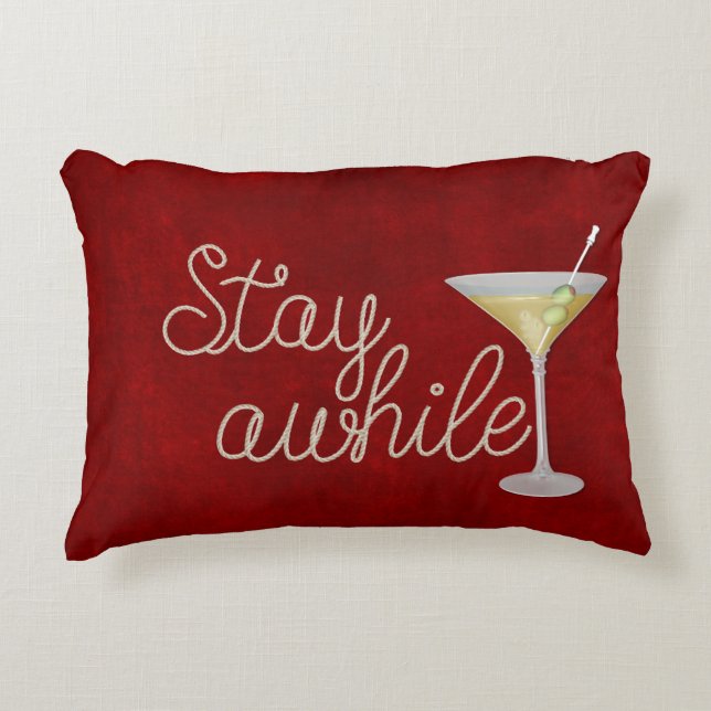 "stay awhile" rope on red decorative cushion (Front)