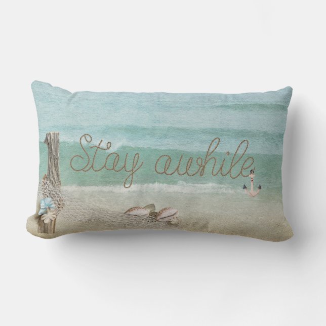 Stay Awhile rope text on watercolor Lumbar Cushion (Front)