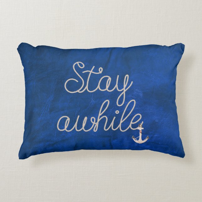 Stay Awhile Text Nautical Rope Accent Pillow (Front)