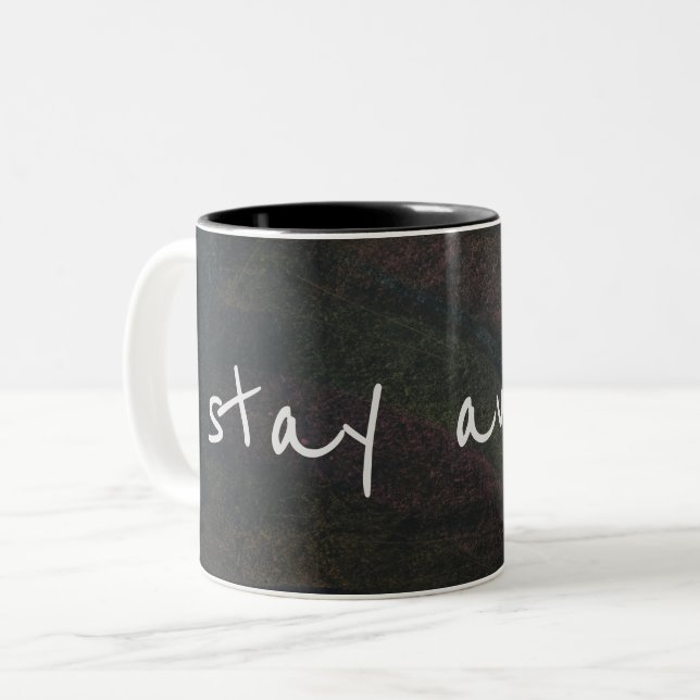 "stay awhile" text on black chalkboard Two-Tone coffee mug (Front Left)