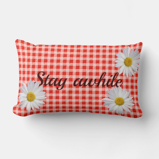 Stay Awhile text on red and white gingham Lumbar Cushion (Front)