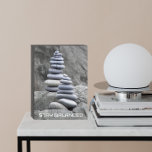 Stay Balanced Rock Cairns Motivational Wooden Box Sign<br><div class="desc">Black painted,  wooden box sign designed for hanging or standing that features the photo image of a pair of rock cairns made with flat,  round pebbles along with an inspiring/motivational words that reads,  "Stay Balanced."</div>