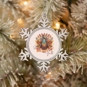 Stay Blessed Y'all with Colourful Turkey  Snowflake Pewter Christmas Ornament