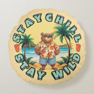 Stay Chill Stay Wild – Summer Beach Bear Design Round Cushion