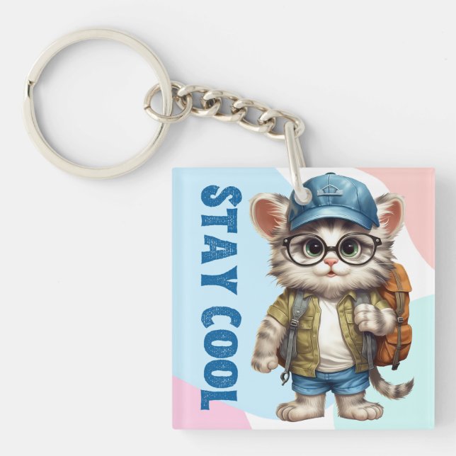 Stay Cool Cat Wearing Glasses Cap Back To School Key Ring (Front)