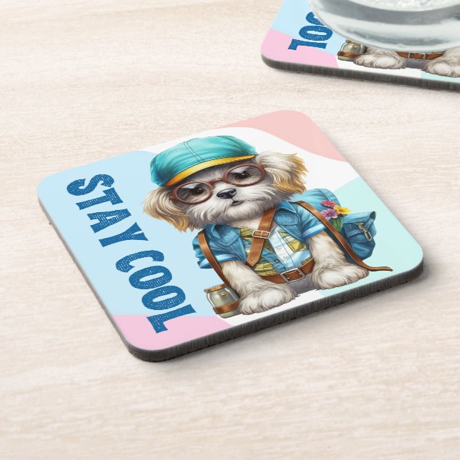 Stay Cool Dog Wearing Glasses Cap Back To School  Coaster (Left Side)