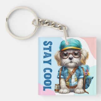 Stay Cool Dog Wearing Glasses Cap Back To School Key Ring