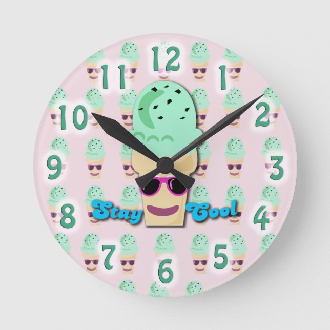 Stay Cool Ice Cream Cone Cute Fun Cartoon Art Round Clock (Front)