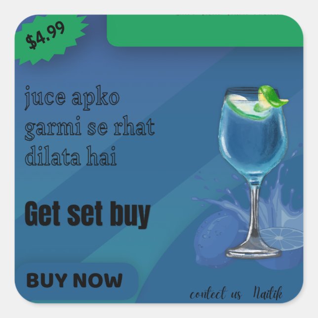 Stay Cool this Summer: Refreshing Blue Lemon Drink Square Sticker (Front)
