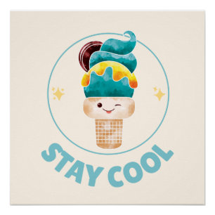 Stay Cool Watercolor Ice Cream Cone Pastel Poster