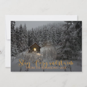 Stay Cosy And Warm Log Cabin in Snow Photo Invitation