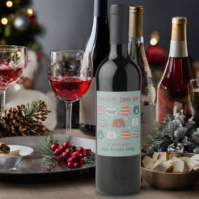 Stay Cosy Drink Wine Ugly Christmas Sweater Wine Label (Creator Uploaded)