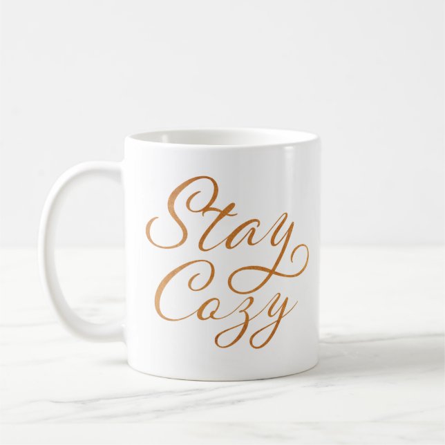 Stay Cosy | Elegant Gold Handwriting Holiday Tree Coffee Mug (Left)