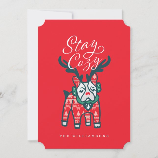 Stay Cosy | French Bulldog Reindeer Christmas Holiday Card (Front)