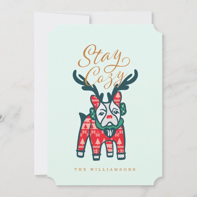 Stay Cosy | French Bulldog Reindeer Christmas Holiday Card (Front)