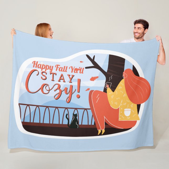 Stay Cosy Hygge Autumn Fall FolkArt Decor ADD NAME Fleece Blanket (In Situ)