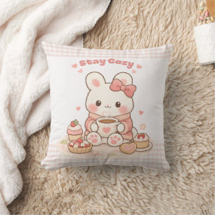Stay Cozy Cute Bunny Pink Gingham Sweet Home  Cushion