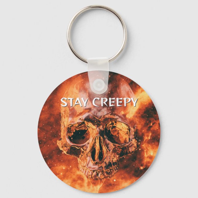 Stay Creepy. Flaming skull in space Key Ring (Front)